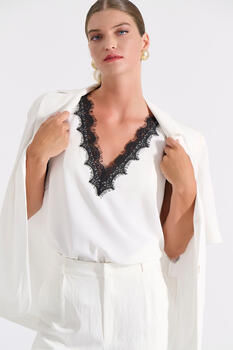 Sleeveless Top with Lace V-Neckline - Off White S