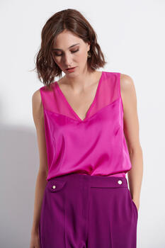 Satin blouse with transparent design - Fuchsia S