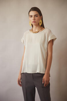 Blouse in a combination of fabrics - Beige S