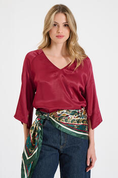 Satin Blouse with V-Neckline and Back Button Detail - Burgundy S