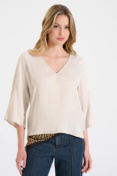 Satin Blouse with V-Neckline and Back Button Detail - Vanilla L