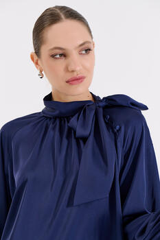 Satin Blouse with Bow Tie Neckline - Blue S