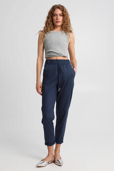 Cotton Pants with Elastic Waist - Blue S