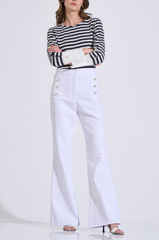 Cotton Denim Flared Trousers with Decorative Buttons - White S