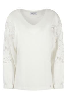 Relaxed-fit blouse with V-neckline and lace sleeves - Off White S/M