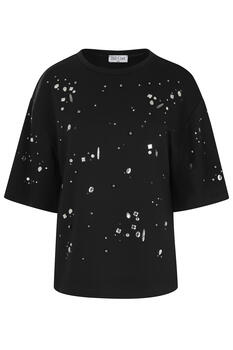 Short-sleeve sweatshirt with decorative stones - Black S/M