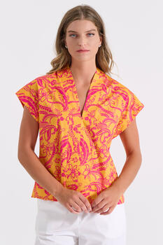 Floral & Ethnic Print Blouse - Orange S