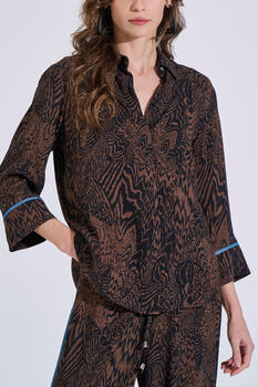 Printed Rayon Shirt with Denim Trim - Brown S/M