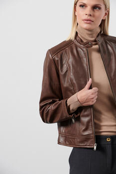 Leather jacket with zipper - Brown S