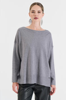 Knitted Blouse with Bateau Neckline - Grey O/S