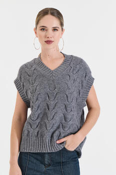 Knitted V-Neck Vest - Grey O/S