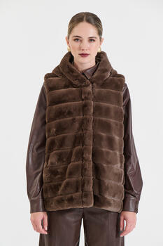 Reversible Faux Fur Hooded Vest - Brown M