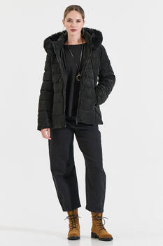 Puffer Jacket with Faux Fur Hood - Black L